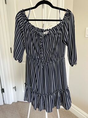 BB Dakota Navy and White Striped Off-Shoulder Mini Dress